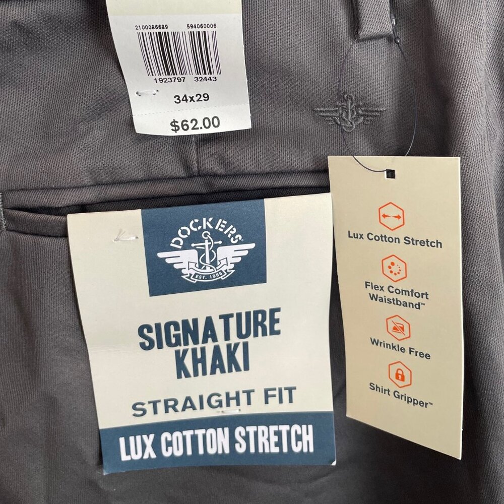 DOCKERS Signature Men's Khaki Lux Cotton Gray Stretch Straight Fit 34x29 NWT